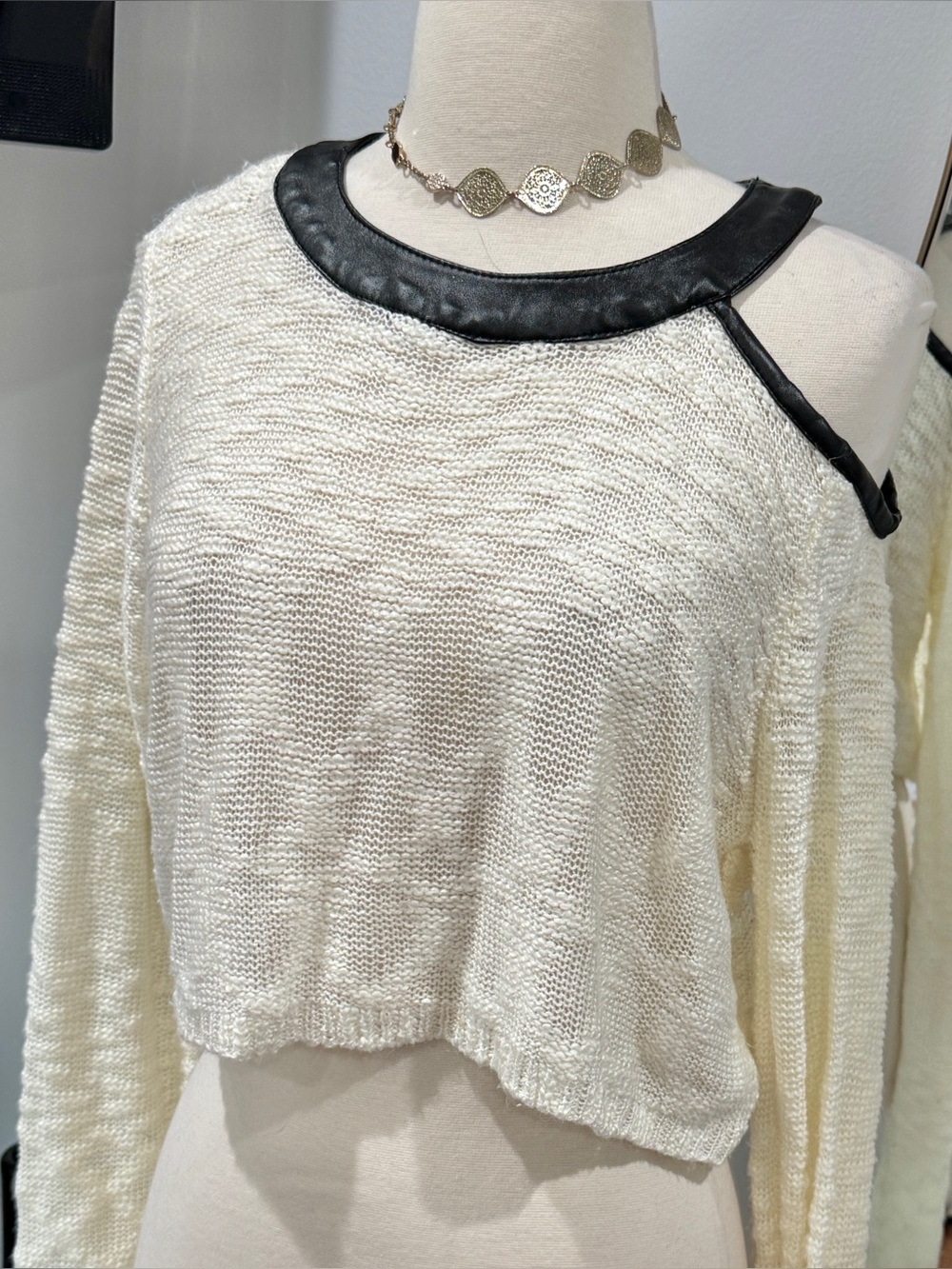Rehab Cream Cold-Shoulder Knit Sweater with Black Faux Leather Trim